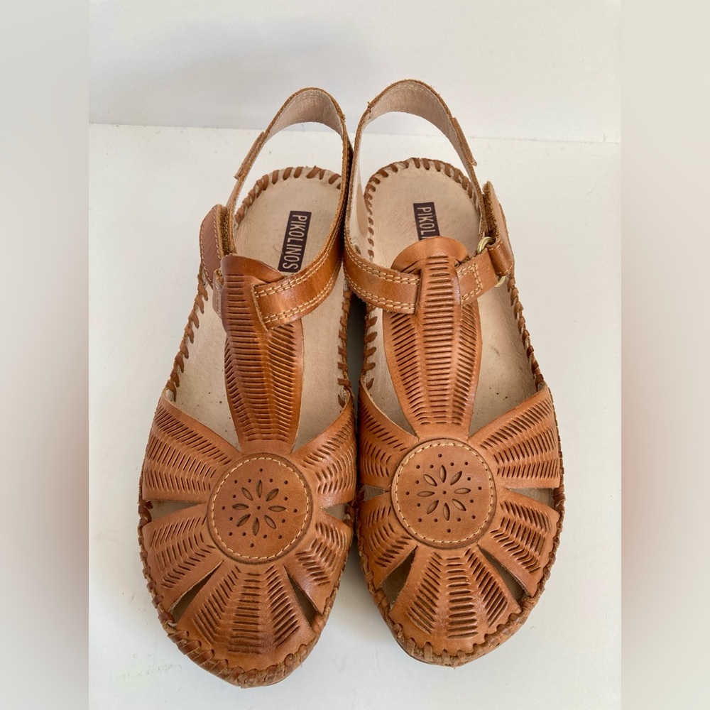 PIKOLINOS Tan Leather Cutout Slingback Sandals